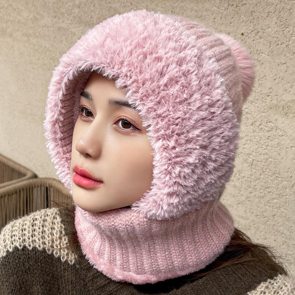 

Solid Color Knitted Beanies Hat Plush Mask Neck Cover Set Fashion Balaclavas Hat Ski розовый
