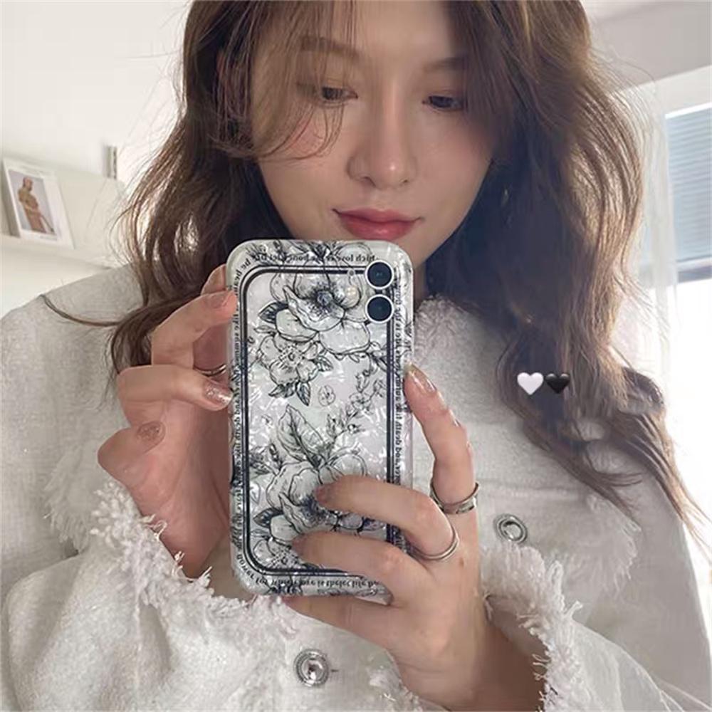 Husă coreeană drăguță cu floare neagră pentru telefon pentru Iphone 11 12 13 Pro Xs Max X Xr 7 8 Plus Se Copertă din spate moale, rezistentă la șocuri