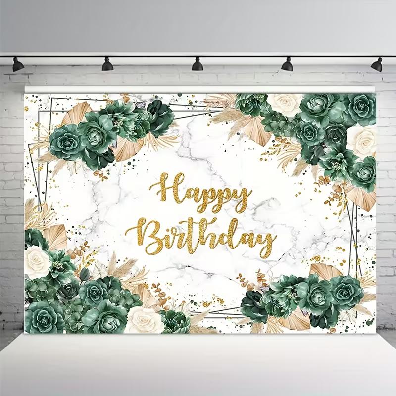 2D Emerald Green Boho Happy Birthday Backdrop, Marble Gold Glitter Photo Booth Background Banner 47.2x31.5inch/120*80cm