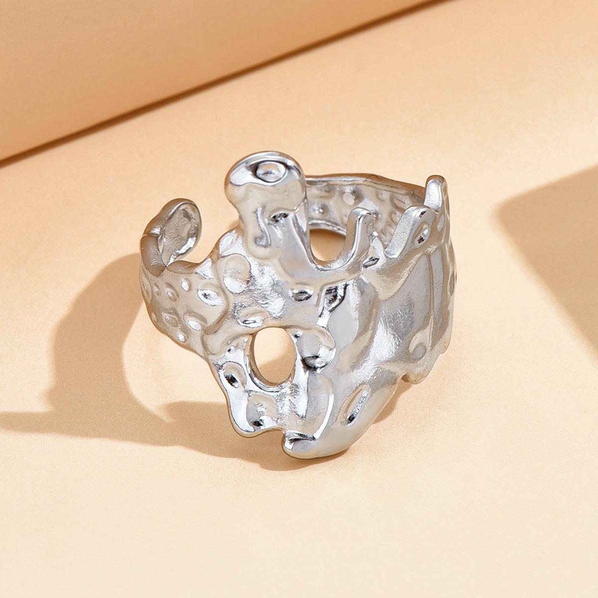 Stainless Steel Personalized Dark Liquid Design Open Ring with Retro Irregular Hammered Texture