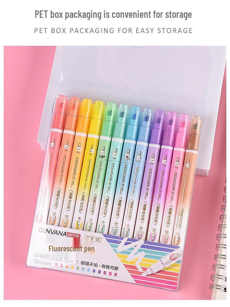 Jin Wannian 12-Color Erasable Double-Ended Fluorescent & Highlighting Pens Set
