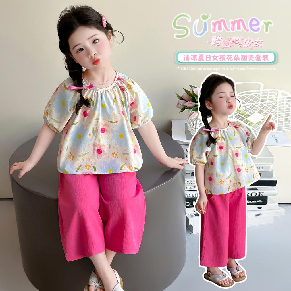 Girls' summer outfit set 2026 new stylish baby summer short sleeved wide leg pants two-piece set children's clothing