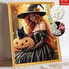 DIY Pearl Bead Art Canvas Witch with Black Cat Pumpkin Pattern Frameless 3D Painting Kit for Bedroom Living Room Wall Decor