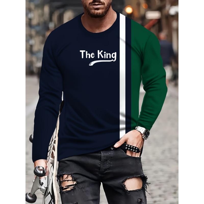 Herren Colorblock T-Shirt mit "King"-Muster, langen Ärmeln - lässige und bequeme 3D-gedruckte Sportbekleidung