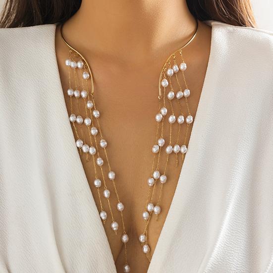 Dlouhý střapec Kovový otevřený choker Hvězda Imitace perlových korálků Střapec Límec Klíční kost Řetízek Náhrdelník Hrudník Tělové šperky pro ženy