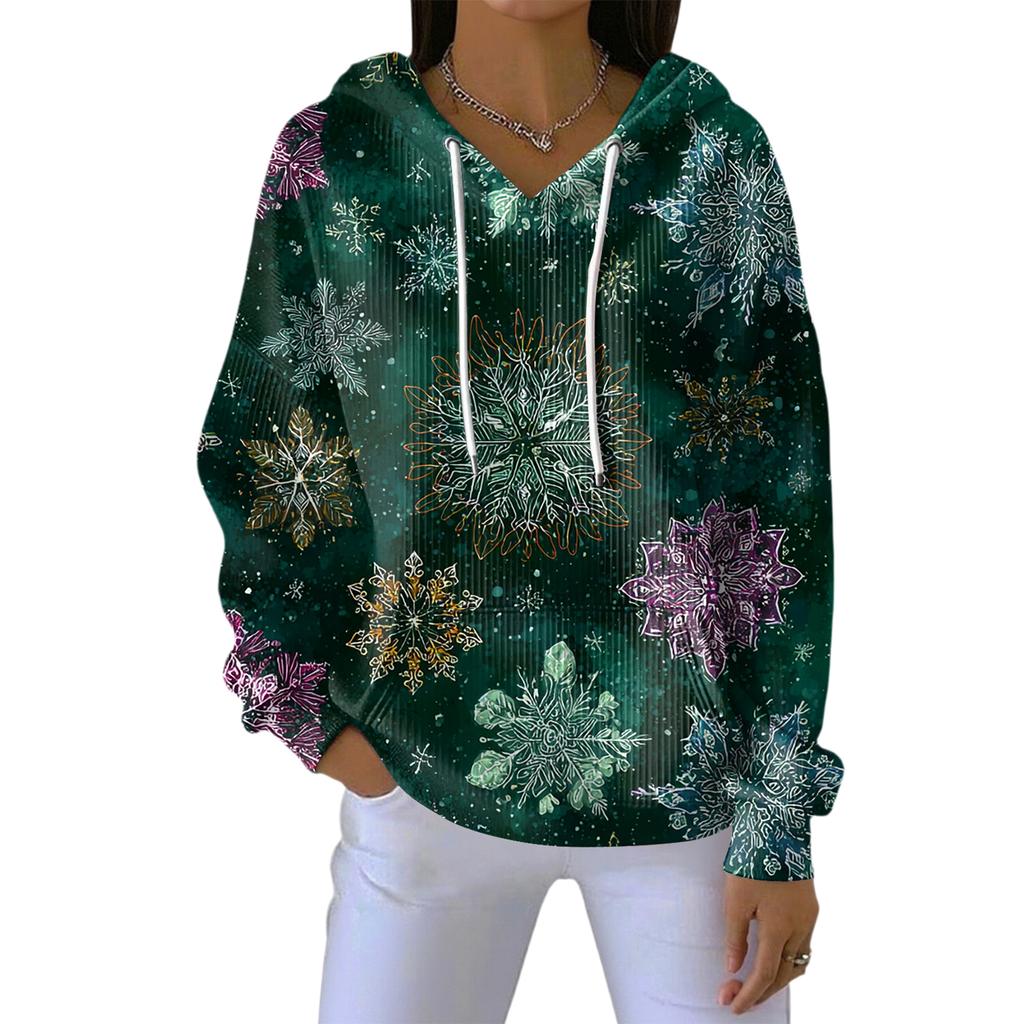 Women's Loose Comfortable Casual Fashion V-Neck Christmas Print Long Sleeve Hoodie