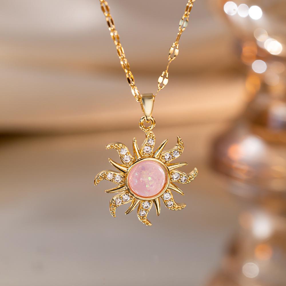 DIEYURO 316L Stainless Steel Pink Sun Flower Zircon Pendant Necklace For Women New Trend Fashion Neck Jewelry Glamorous Gift