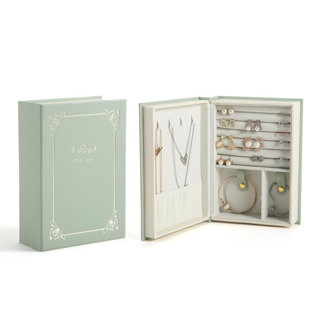 Magnetic Book-Shaped Jewelry Box Flip-Top Organizer with Velvet Lining Earrings Necklaces Rings Elegant Storage Case for Women