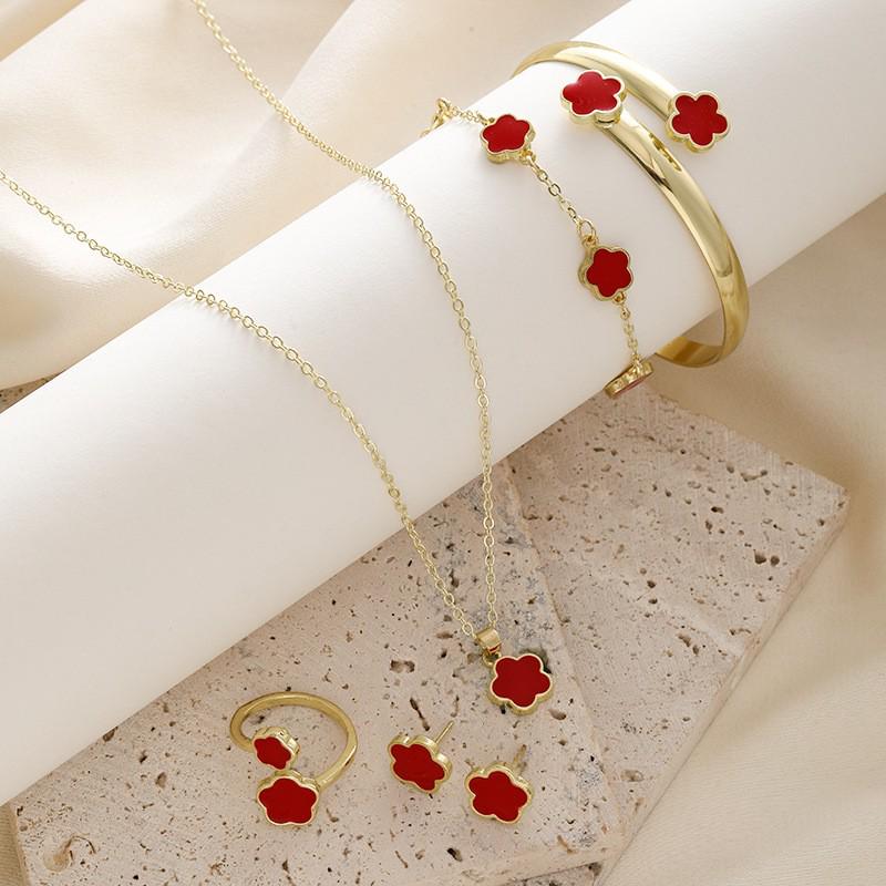 Womens' Five-Leaf Clover Jewelry Set: Versatile 5-Piece Set with Lucky Flower Necklace, Earrings, and Hand Jewelry