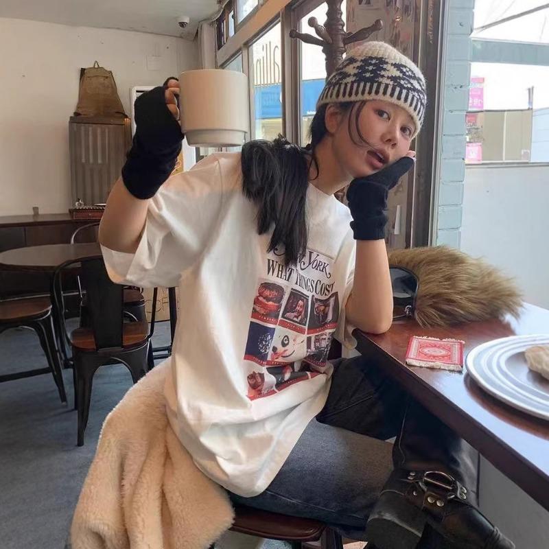 Women's Retro Round Neck Cartoon Letter Print Design Sense of Loose Casual Short-sleeved T-shirt