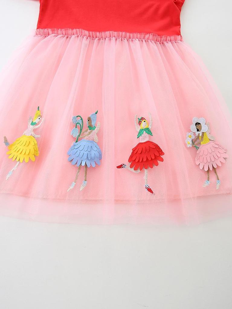Autumn Mesh Embroidered Princess Dress for Girls - Knitted Cotton Patchwork Skirt