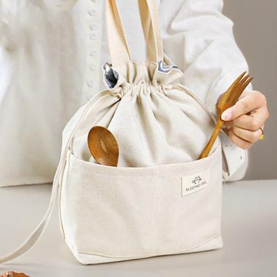 1pc Portable Lunch Bag With Drawstring Bento Storage Bag with Pocket Office Students Food Storage Bag Simple Japanese Style