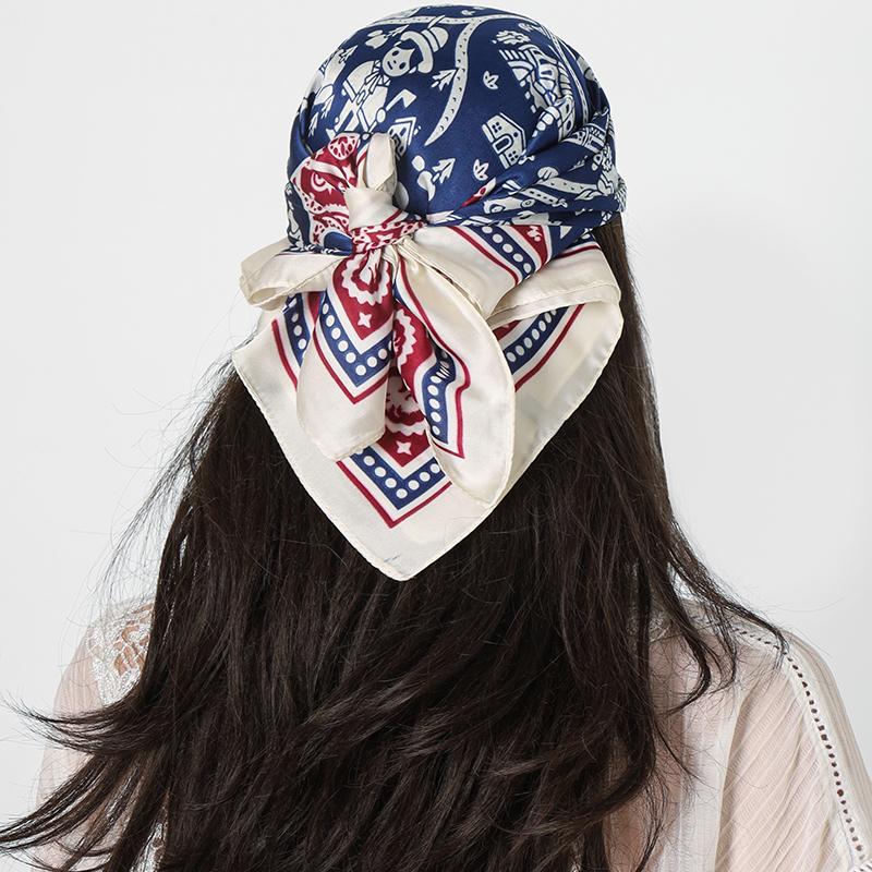 

70X70cm Square Silk Feeling Scarf Women Print Scarves Shawl Headbands Small Soft NeckKerchief Female Bandana Satin Hijab Scarves 70X70cm синій