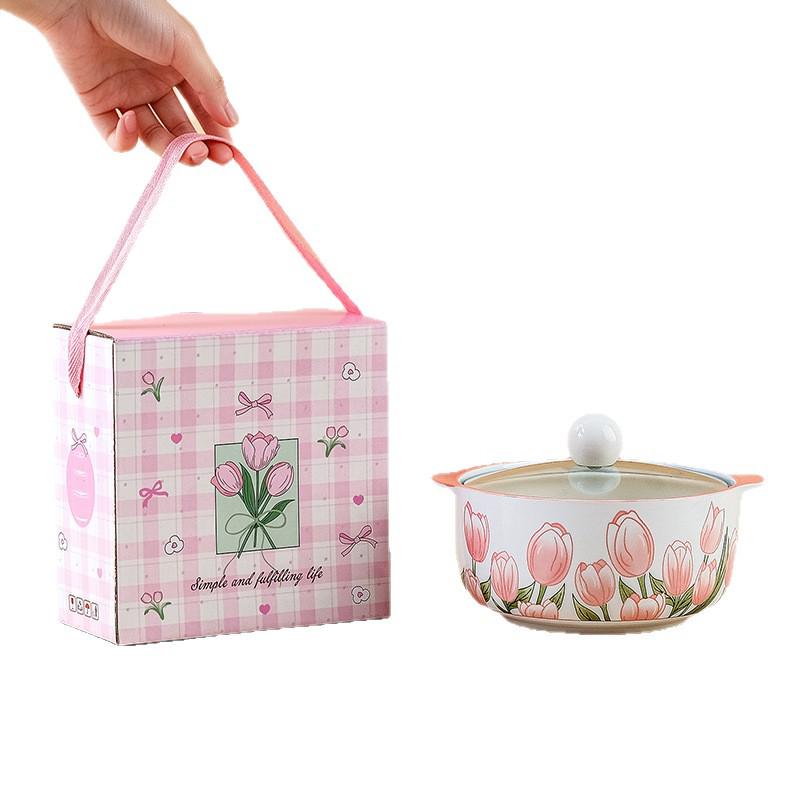 Girly Heart Tulip Ceramic Double-Ear Soup Bowl, Large Capacity, High Temperature Resistant, Ideal for Instant Noodles and Luosifen.