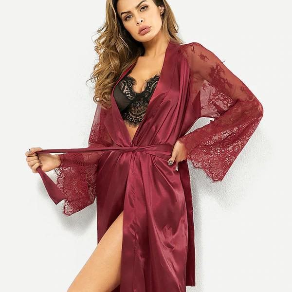 Plus Size European & American Lace Trim Long Robe Nightgown Lingerie