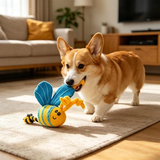 Stuffed Bee Dog Toy Squeaky Canvas Bee Dog Chew Toy with Rope Knot Interactive Tug-of-War Toy for Puppy Teething Boredom Relief