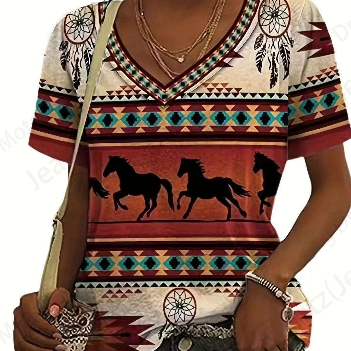 

Футболка с 3D принтом «Животное Лошадь» и V-образным вырезом, футболка с коротким рукавом, женская модная футболка, футболка большого размера, женская одежда, этнические топы Y2K L