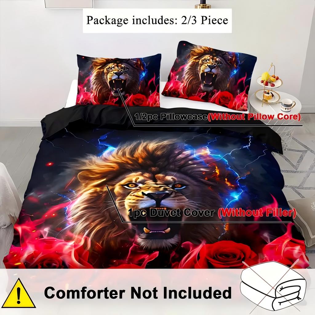 Tier 3D-gedrucktes Bettbezug-Set Blau & Rote Rose Blitz Löwe Bettwäsche-Set Heimtextilien Tiermotiv Bettbezug Kissenbezug