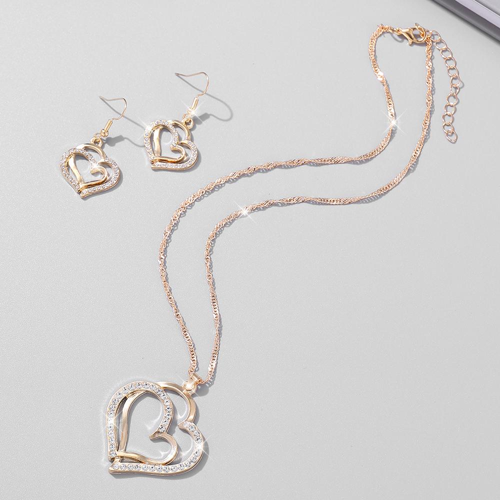1 Pair Of Earrings + 1 Necklace French Romantic Style Jewelry Set Sparkling Heart Design Silvery Or Golden Make Your Call Gift F