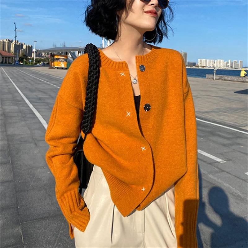 Herbst Winter Rundhals Einfarbig Strickjacke Pullover Damen Lässig Mode Vintage Strickmantel Oberteil