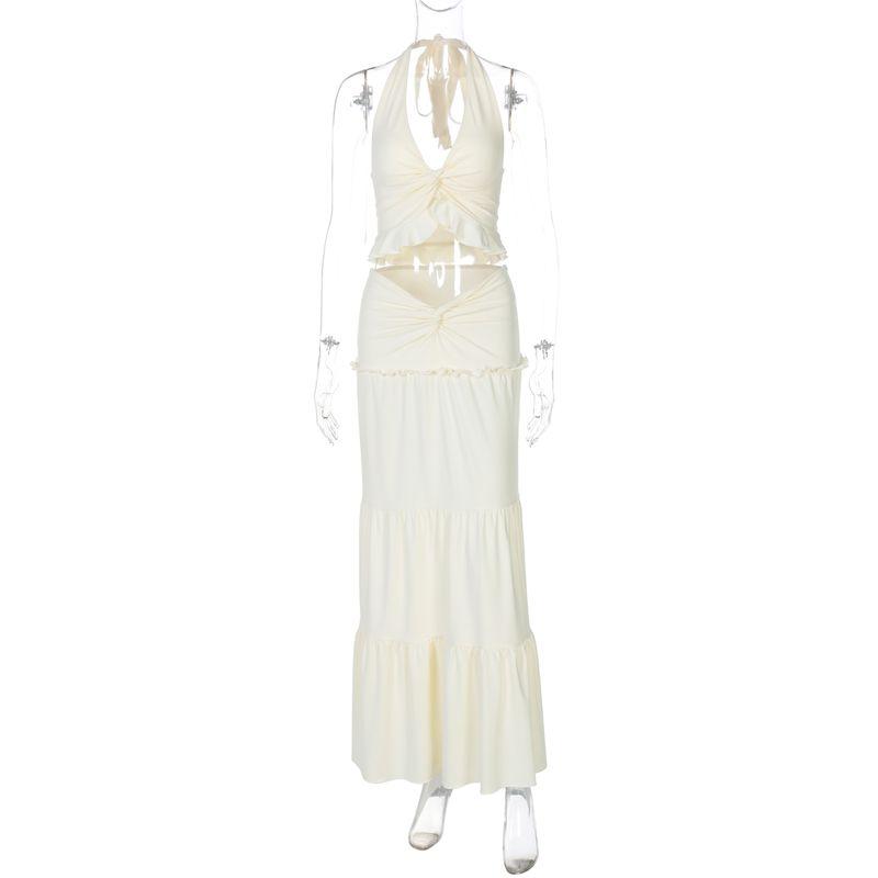 Fashion Style Sexy Sexy Fashion Suit Women's V Neck Halter Spaghetti Straps Vest High Waist Stitching Long Skirt Two-piece Set