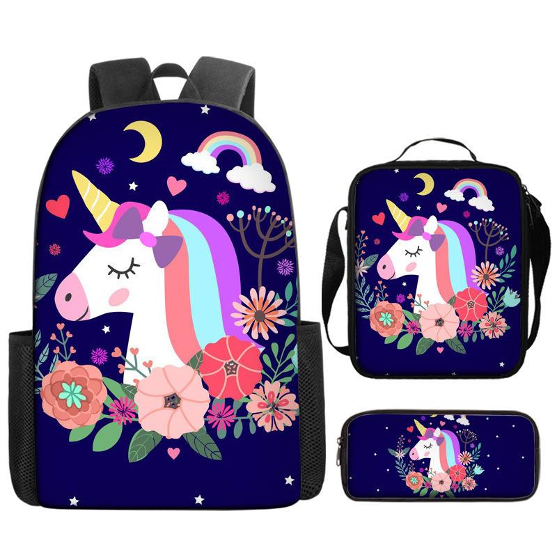 Unicorn Backpack for Kids School Bag Set 3-Piece with Pencil Case Shoulder Bag, Cartoon Anime Backpack for Boys Girls Students