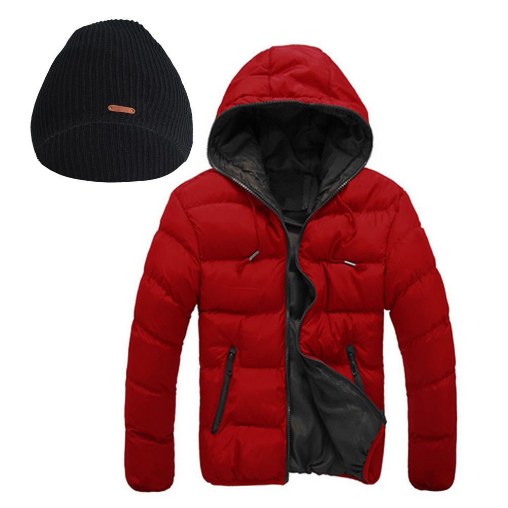 Men Hooded Jacket Coat Padded Thick Outwear (Red+Black L)+Warm Stripe