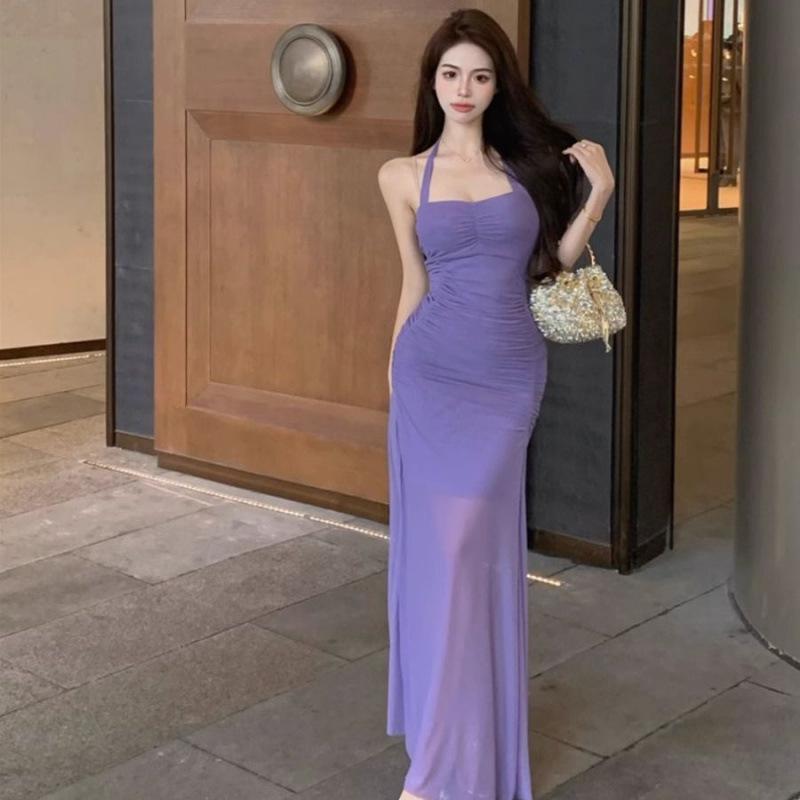 

Spicy Girl Pleated Slit Halter Dress & Mesh Cardigan Set Medium