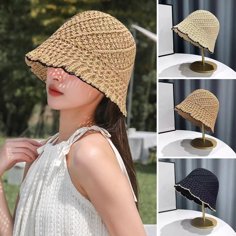 Foldable Straw Bucket Hat Wide Brim Fisherman's Hat Portable Panama Hat  Women Girls