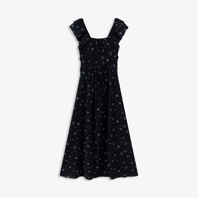 

Aozhi Country French Sexy Hollow Backless Floral Dress 2 Colors Vacation Style Print Hollow-out Dress XQ Navy blue M