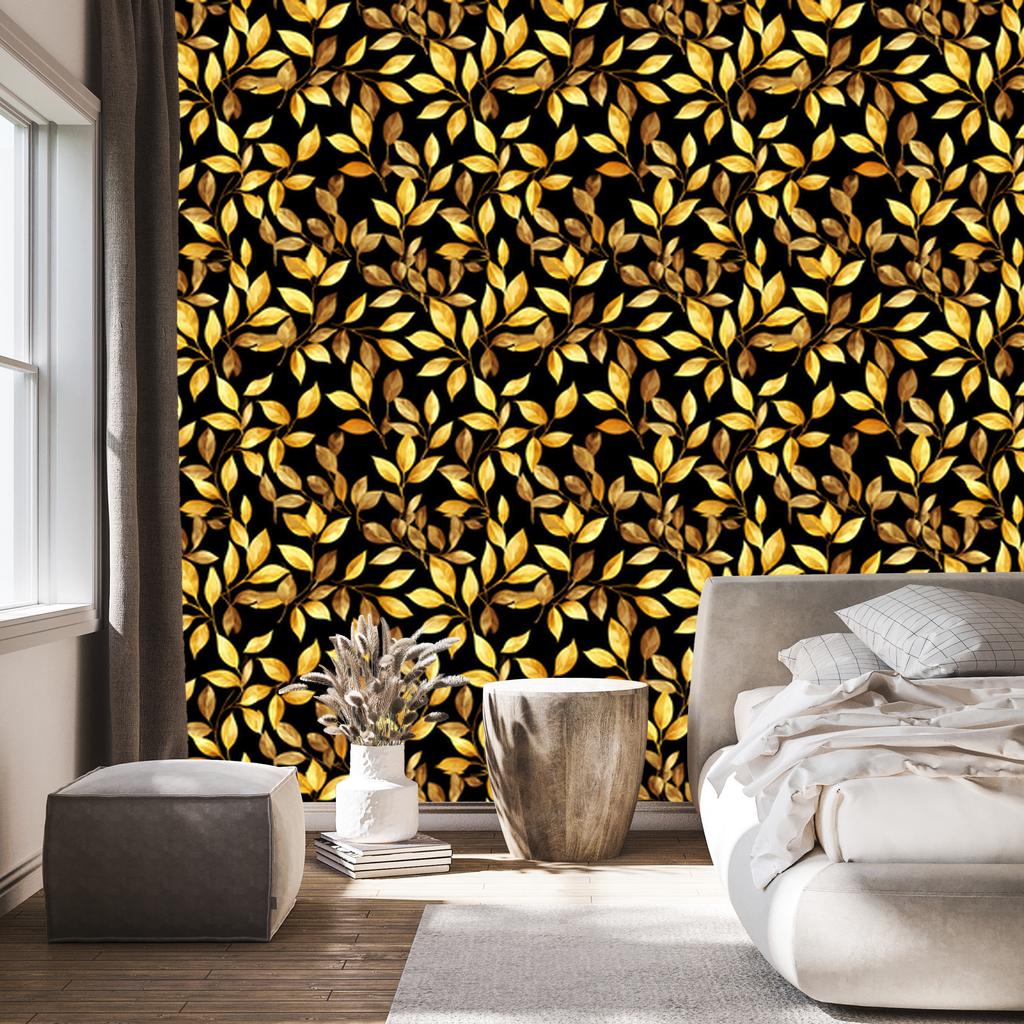 Flowers and Leaves Wallpaper Black and Ochre for Living Room and Bedroom 50x1000