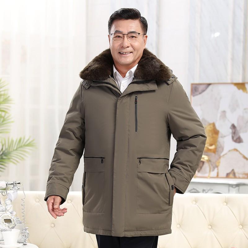 Mens Winter Mid-Long Down Jacket With Hood Warm Thick Puffer Coat Middle-Aged Senior Men Business Casual Style