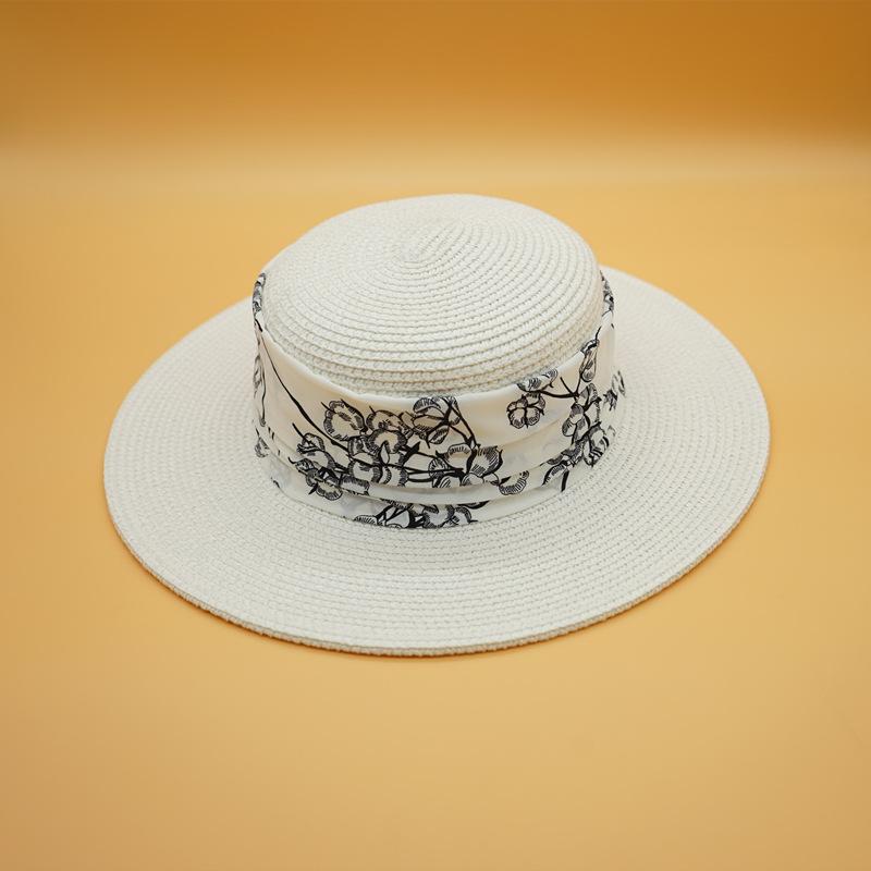 White Wide Brim French Retro Print Flat Top Top Top Hat Women'S Summer Vacation Panama Sunshade Beach Straw Hat