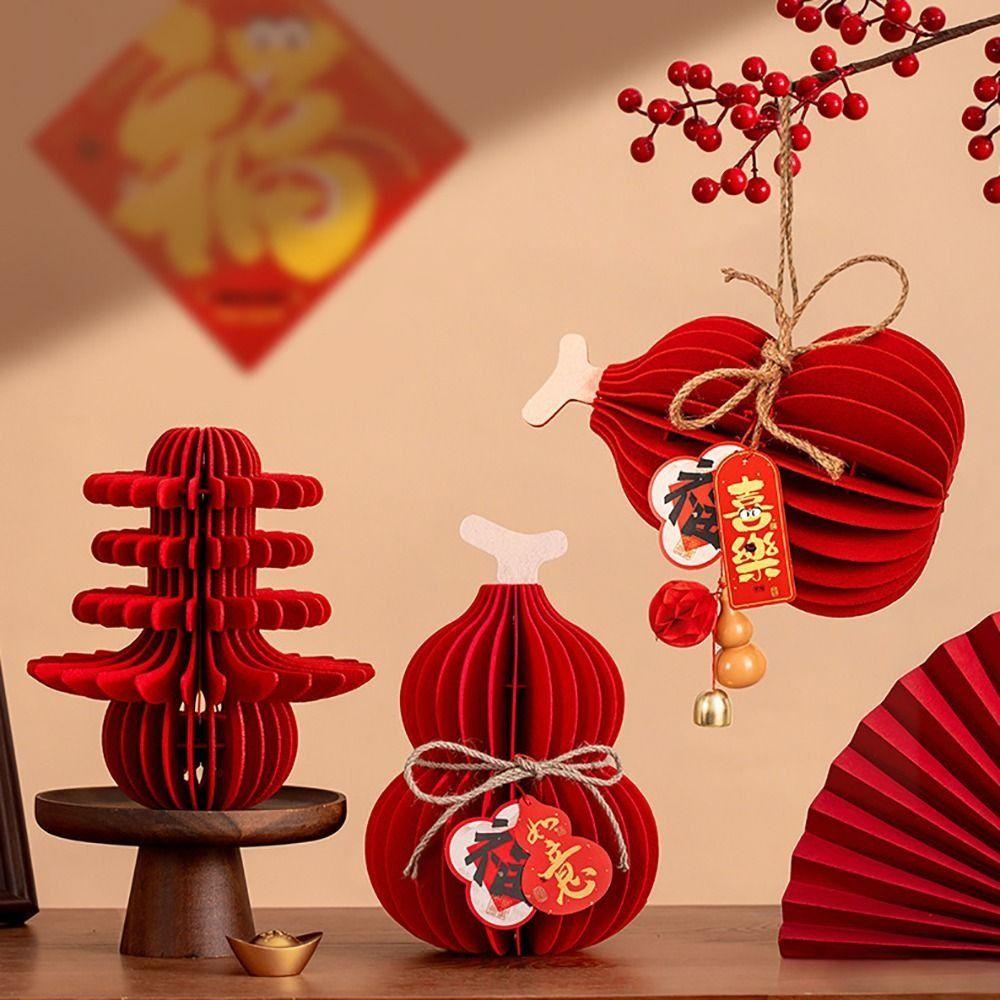 Gourds Shape New Year Decoration Red Felt Gold Bell Greeting 3D Felt Pendant  Shop Decoration