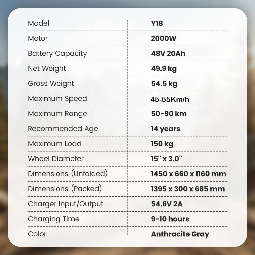 Bicicletă Electrică iScooter Y18 15" Motor de Vârf 2000W Suspensie Completă Motocicletă Electrică pentru Adulți 48V 20AH Cu Deblocare NFC Sarcina Maximă 150Kg