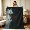 All Season Soft Flannel Fleece Blanket with Romantic Cat And Rose Print Warm Lightweight Cozy Throw Blanket for Couch Sofa Chair Bedroom Living Room H