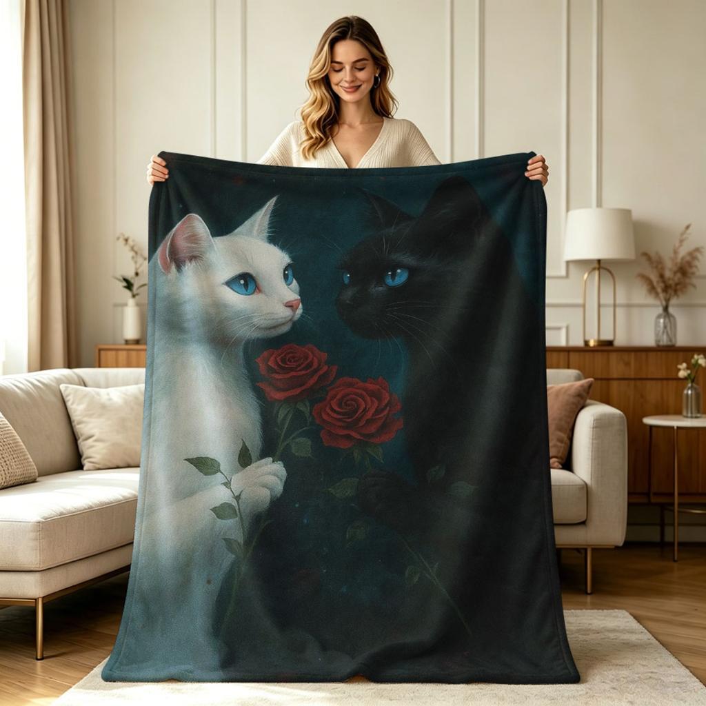 All Season Soft Flannel Fleece Blanket with Romantic Cat And Rose Print Warm Lightweight Cozy Throw Blanket for Couch Sofa Chair Bedroom Living Room H