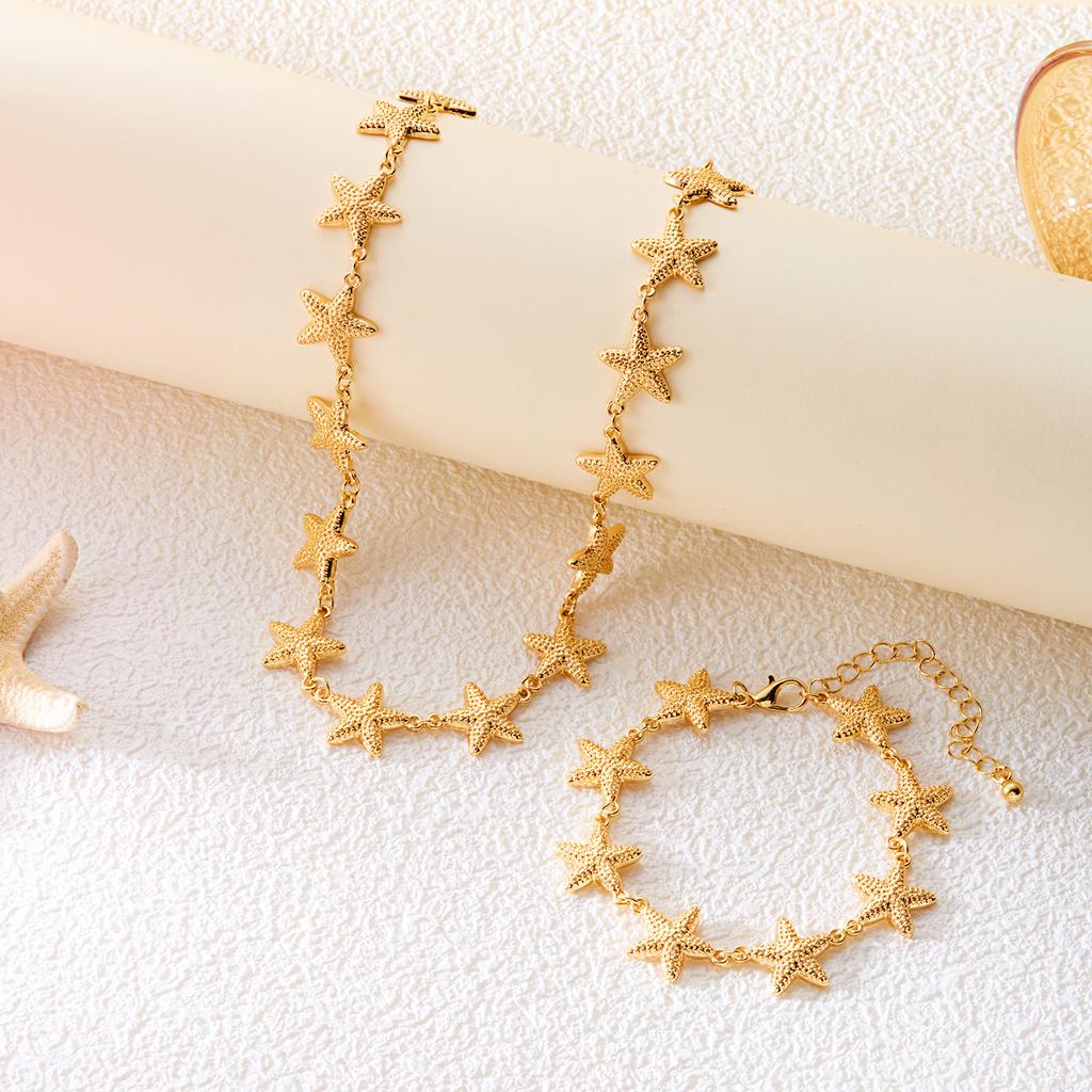 Bohemian Metal Starfish Pendant Necklace Bracelet Set for Women Girls Gold Color Starfish Choker Beach Holiday Party Jewelry