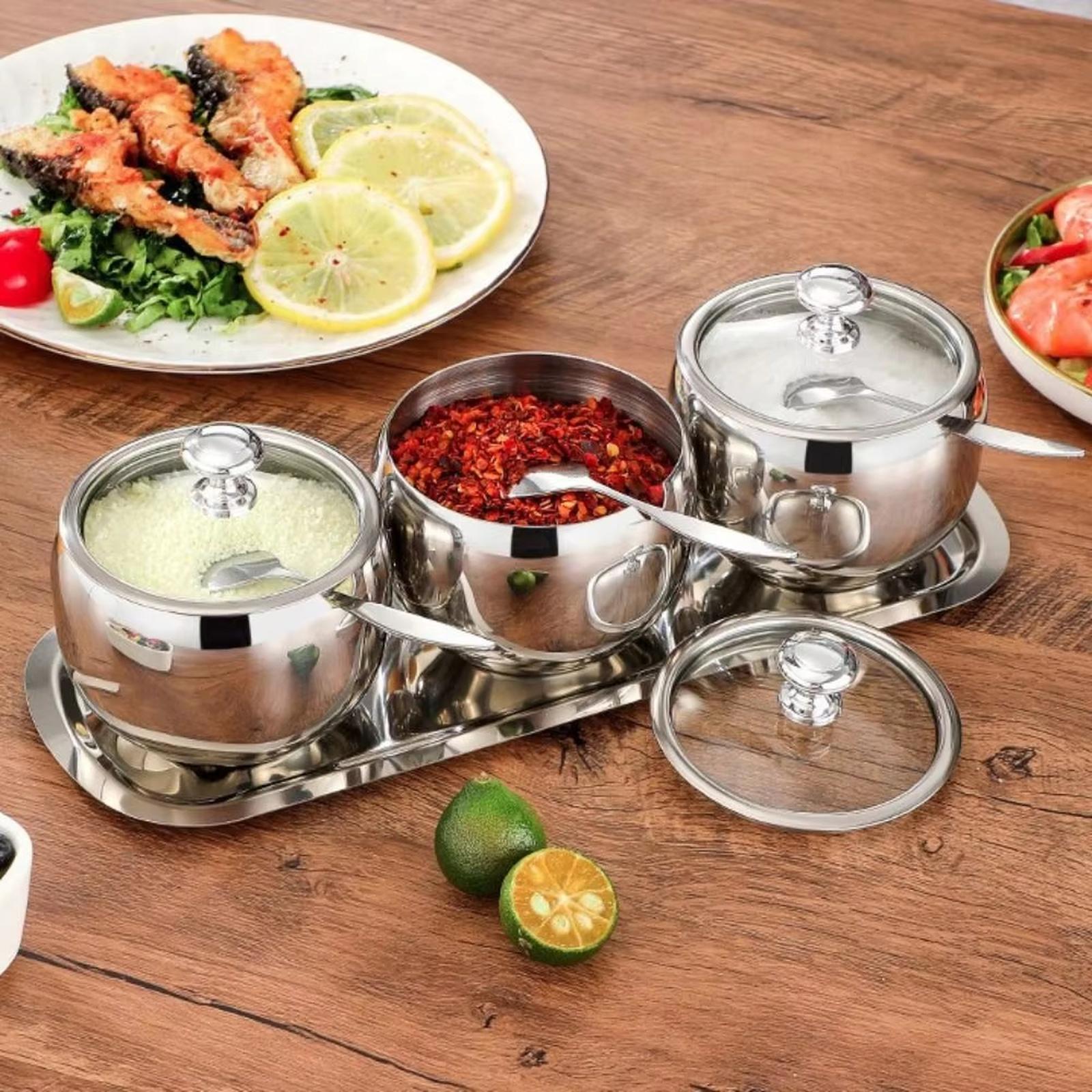 

английский: Набор баночек для специй из нержавеющей стали с ложками и подносом, кухонные контейнеры one size серебряный