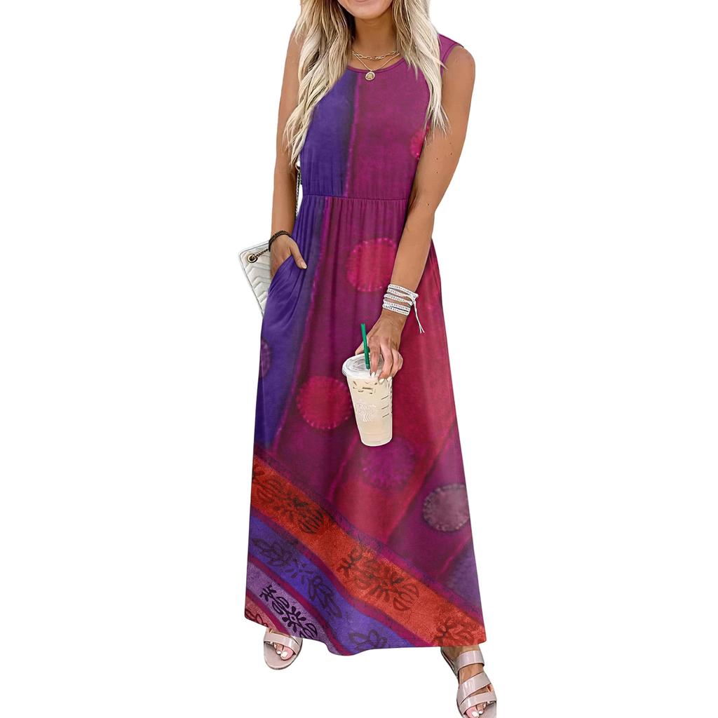 Ladies' Floral Print Casual And Fashionable Waist Cinched Sleeveless Dress