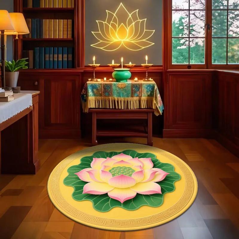 

Lotus Pattern Round Carpet Non-slip Living Room Bedroom Decor Foot Mat Chinese Style Retro Meditation Mat Artistic Home Decor 80x80cm