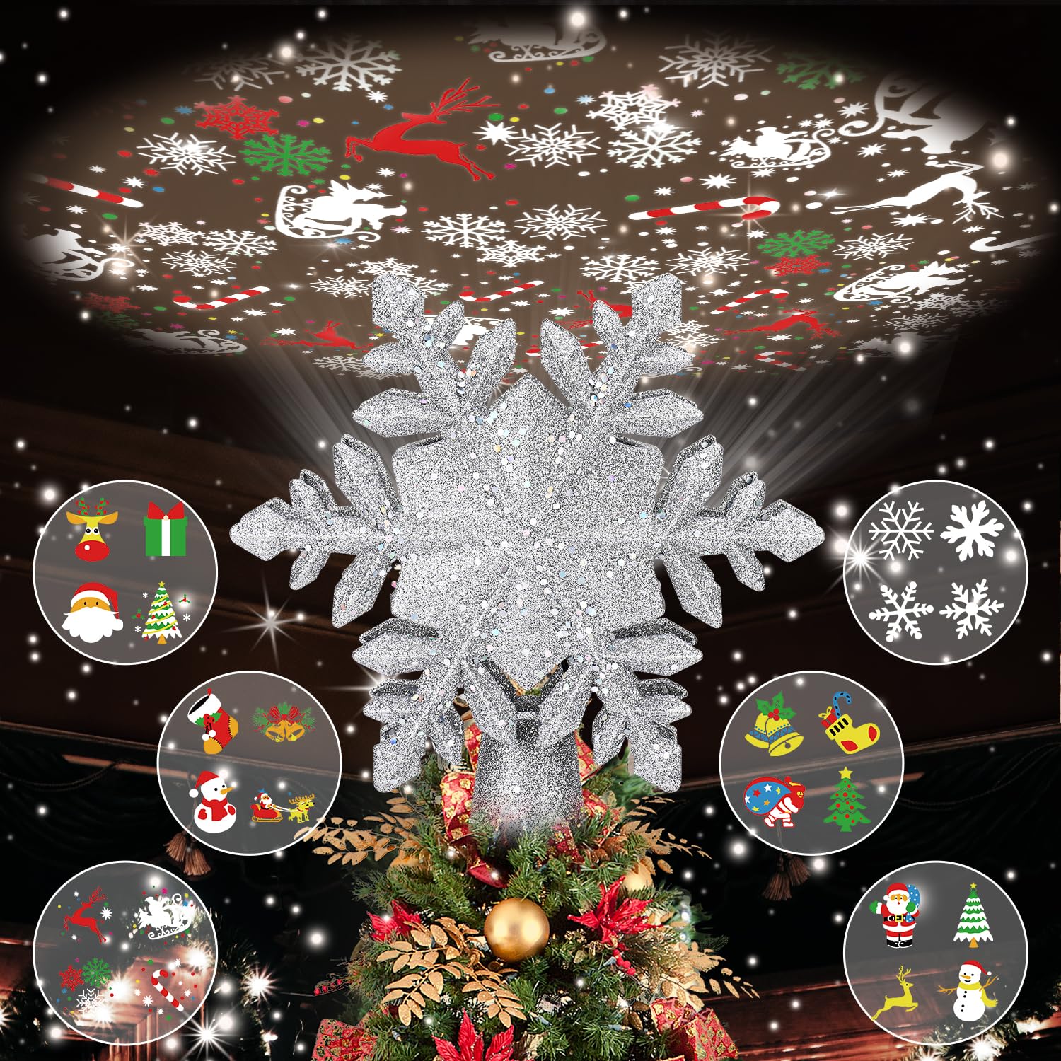 

Christmas Star Tree Topper Built-in 3D Glitter Projector with 6 Projected Patterns Xmas Party Decors New Year 2025 United States