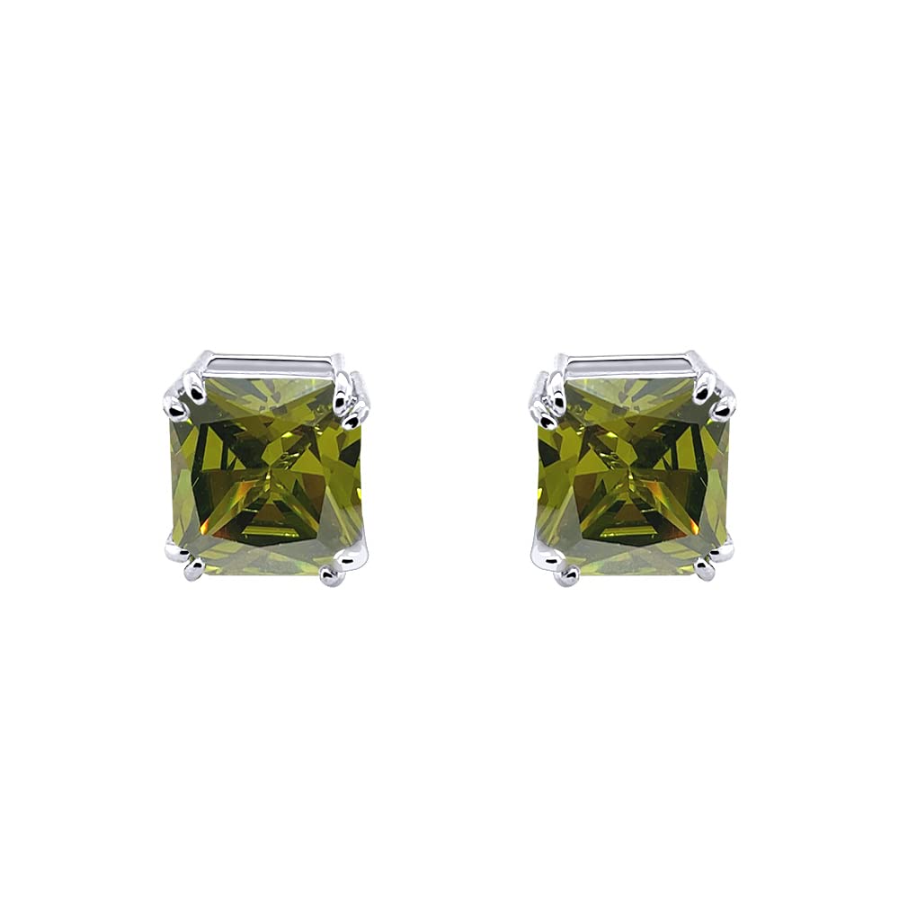 Traditional Classic Large Statement 7CT Emerald Cut Imitated Olive Green Peridot AAA CZ Solitaire Clip on Silver Plated 14MM Stud Earrings for Women