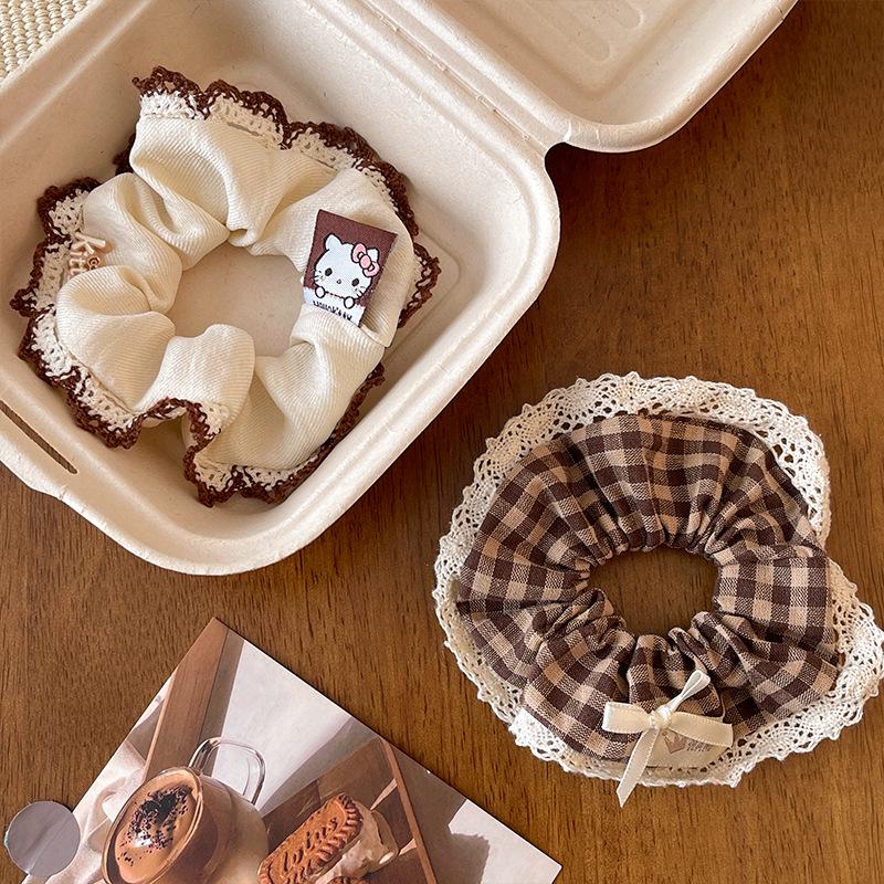 Korean Lace Trim Plaid Scrunchie for Women - Cute Cream Style High-End Hair Accessory