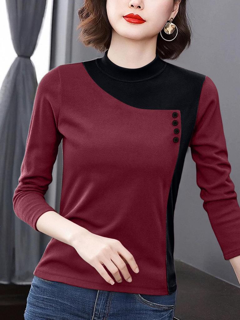 Women's Slim Thermal Patchwork Fleece T-Shirt for Autumn/Winter