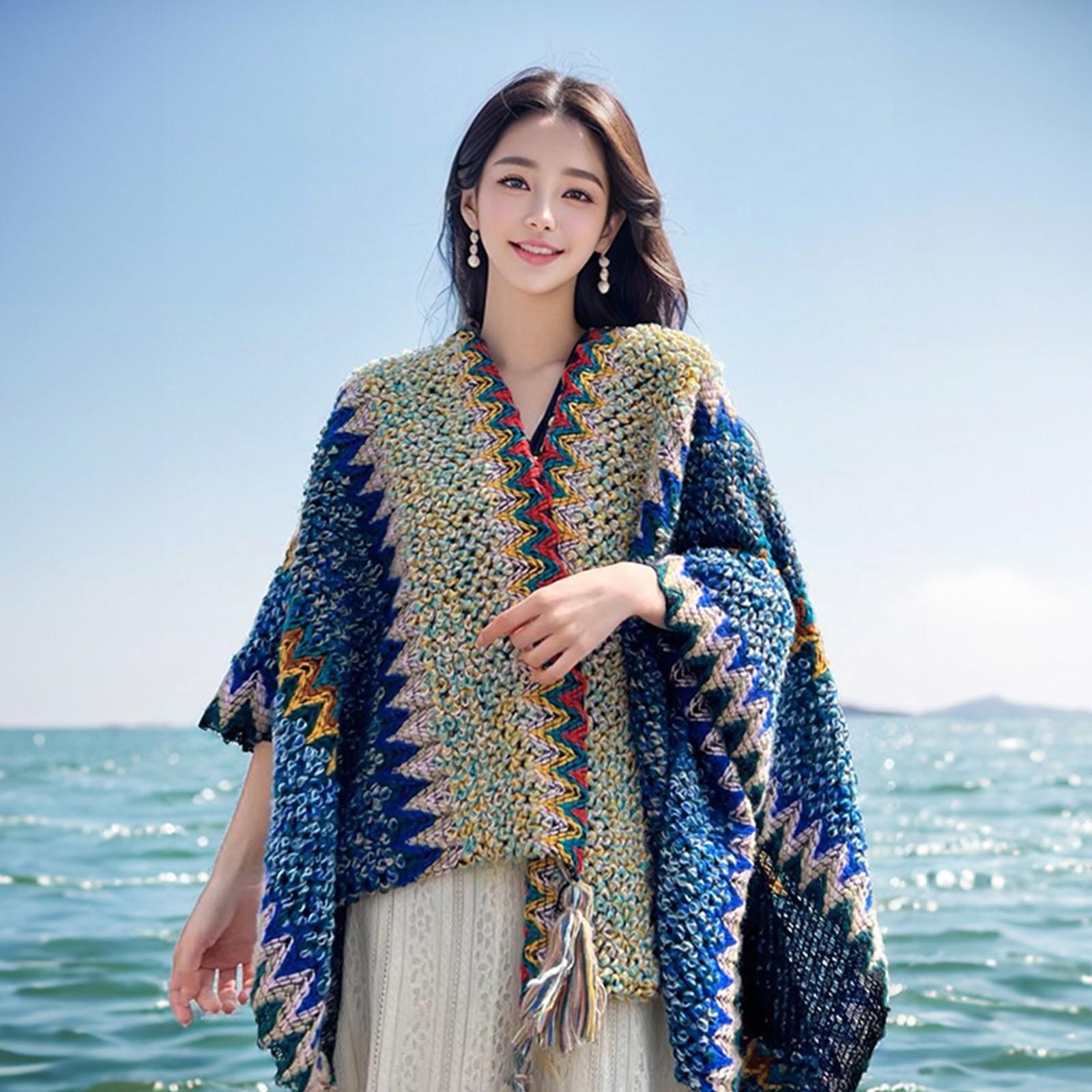 

Женская этническая ретро-накидка Sassel, толстая цветная полосатая шаль, шарф One Size