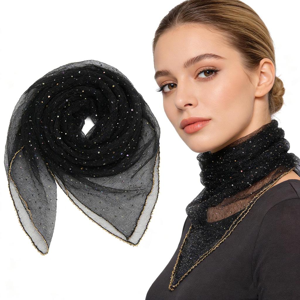 80cm Glitter Rhinestone Square Scarf, Sparkly Mesh Head Wrap for Women