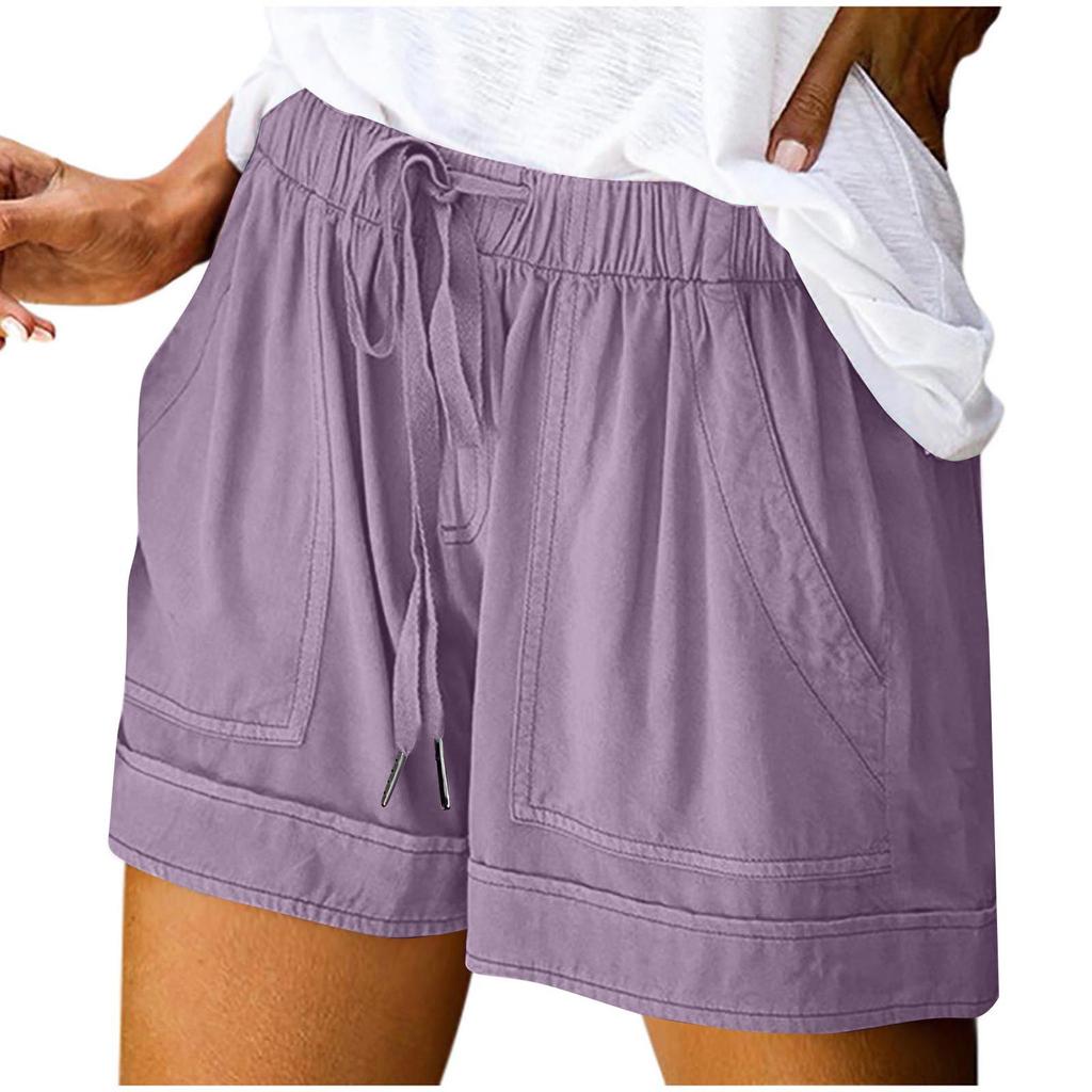 Women's Summer Large Size Loose Solid Color Drawstring Lace-Up Pocket Casual Shorts Women