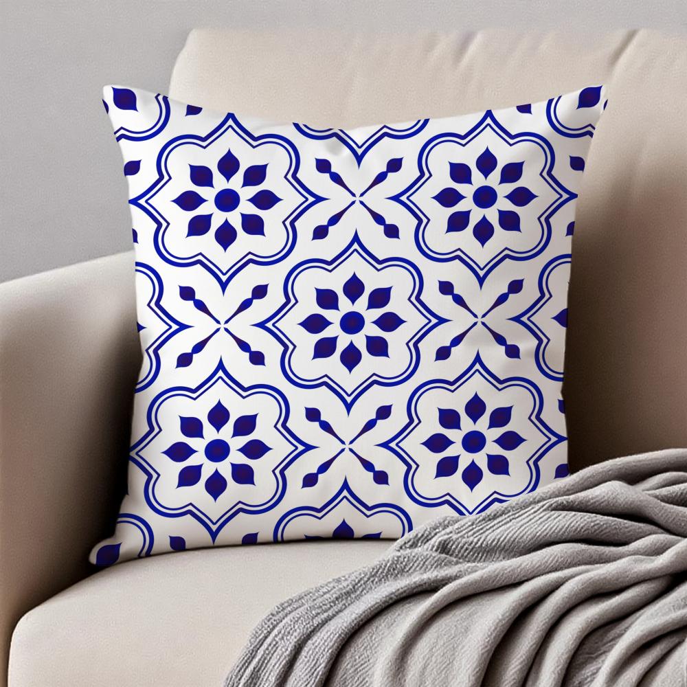 Fashion Blue Tiles Luxury Icon Cushion Cover Pillowcase Antidustmite Invisible Zipper Short Plush Sofa Cushion