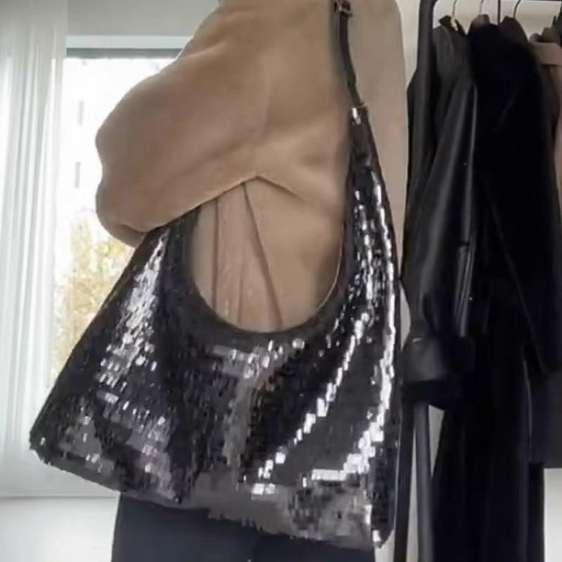 Sparkly Sequin Shoulder Bag Women Chic Streetwear Crossbody Handbag Medium Size Black